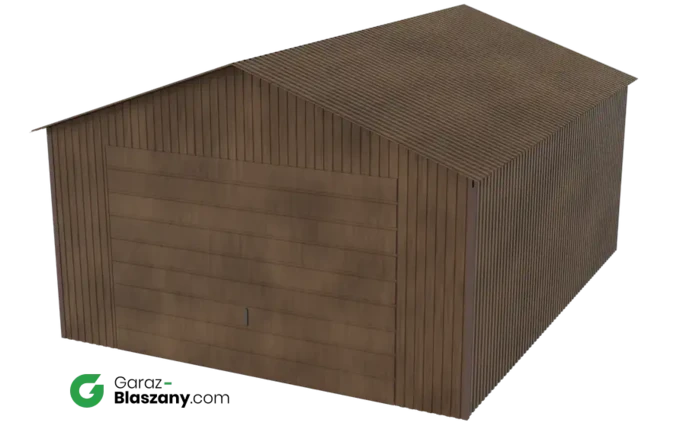 Garaż blaszany 4x5 drewnopodobny Orzech dach dwuspadowy brama uchylna