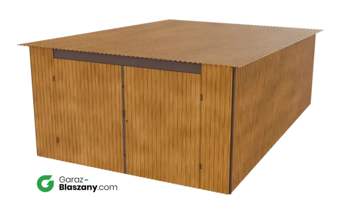 Garaż blaszany 4x6 drewnopodobny Złoty Dąb dach jednospadowy brama dwuskrzydłowa