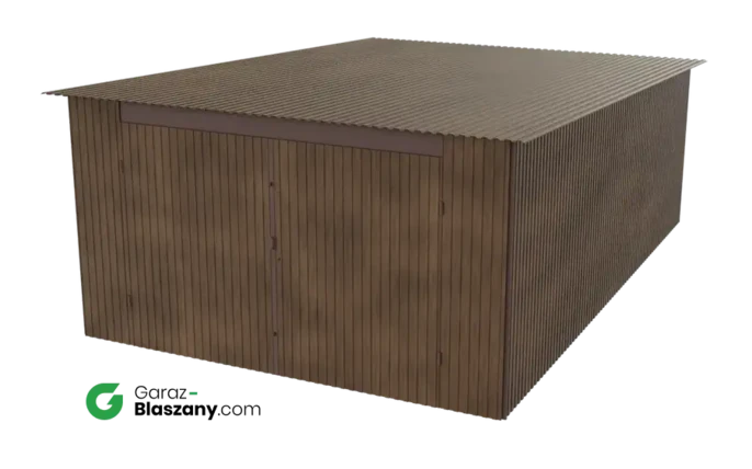 Garaż blaszany 4x6 drewnopodobny Orzech dach jednospadowy brama dwuskrzydłowa
