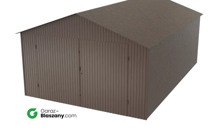 Garaż blaszany 4x6 brązowy BŁYSK dach dwuspadowy brama dwuskrzydłowa