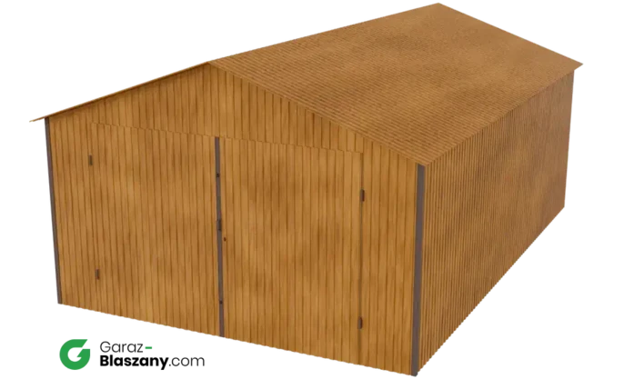 Garaż blaszany 4x6 drewnopodobny Złoty Dąb dach dwuspadowy brama dwuskrzydłowa