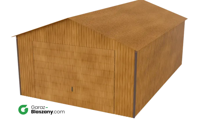 Garaż blaszany 4x6 drewnopodobny Złoty Dąb dach dwuspadowy brama uchylna