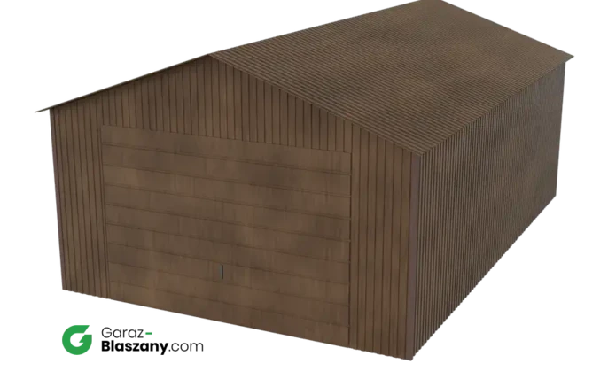 Garaż blaszany 4x6 drewnopodobny Orzech dach dwuspadowy brama uchylna