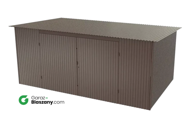 Garaż blaszany 5x3 brązowy BŁYSK dach jednospadowy brama dwuskrzydłowa