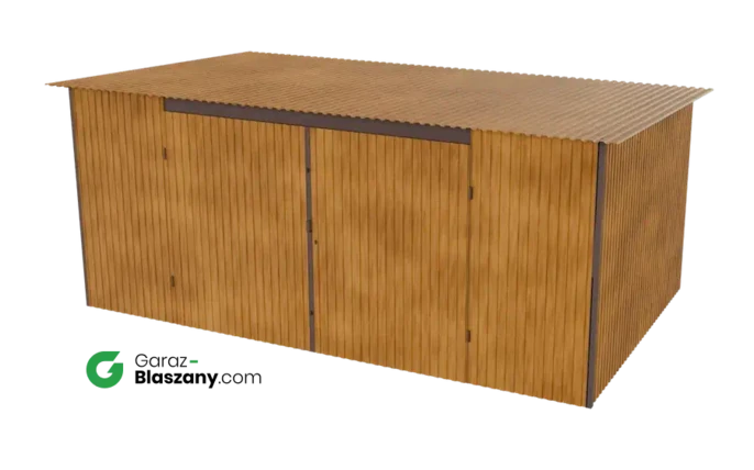Garaż blaszany 5x3 drewnopodobny Złoty Dąb dach jednospadowy brama dwuskrzydłowa