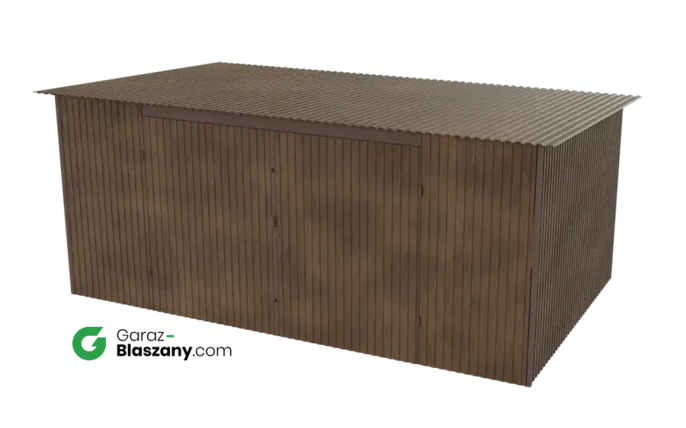 Garaż blaszany 5x3 drewnopodobny Orzech dach jednospadowy brama dwuskrzydłowa