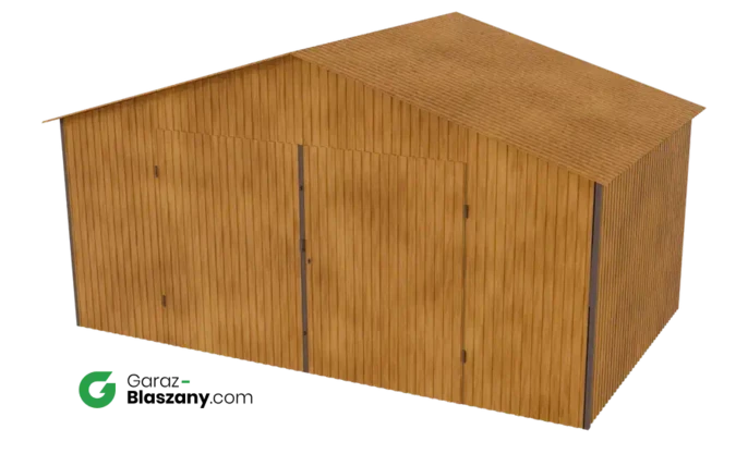 Garaż blaszany 5x3 drewnopodobny Złoty Dąb dach dwuspadowy brama dwuskrzydłowa