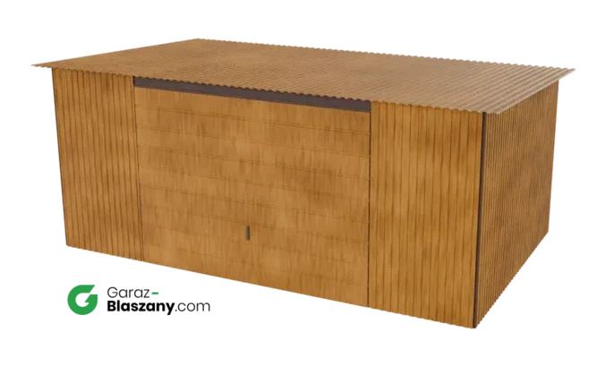Garaż blaszany 5x3 drewnopodobny Złoty Dąb dach jednospadowy brama uchylna