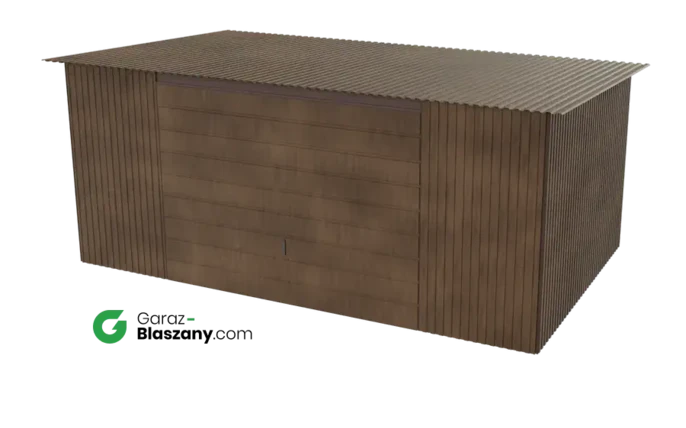 Garaż blaszany 5x3 drewnopodobny Orzech dach jednospadowy brama uchylna