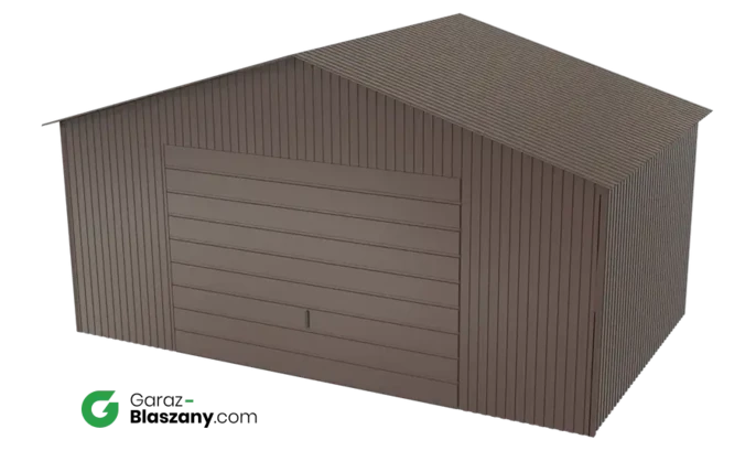 Garaż blaszany 5x3 brązowy BŁYSK dach dwuspadowy brama uchylna