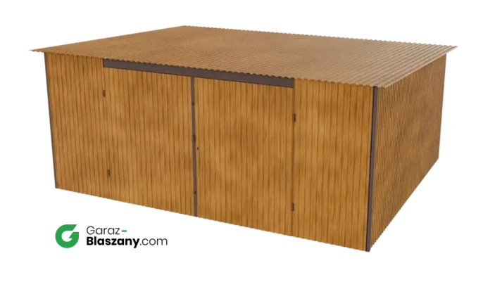 Garaż blaszany 5x4 drewnopodobny Złoty Dąb dach jednospadowy brama dwuskrzydłowa