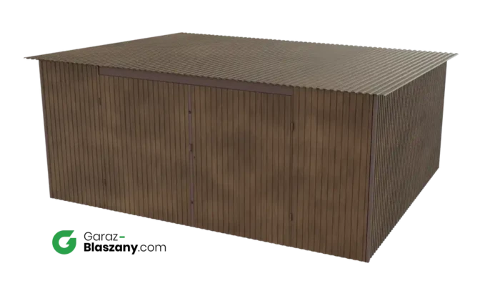 Garaż blaszany 5x4 drewnopodobny Orzech dach jednospadowy brama dwuskrzydłowa
