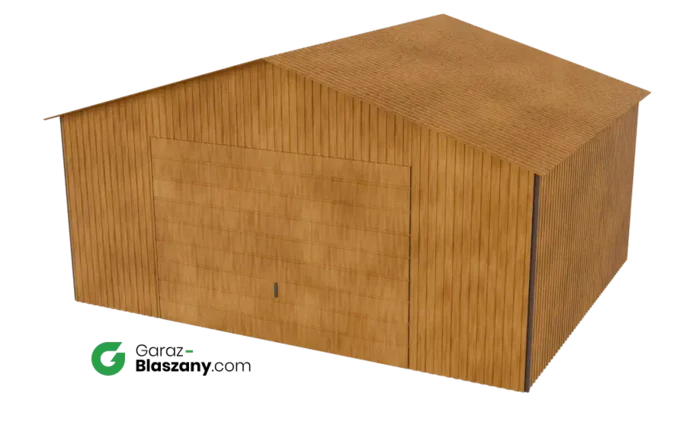 Garaż blaszany 5x4 drewnopodobny Złoty Dąb dach dwuspadowy brama uchylna