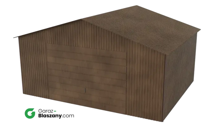 Garaż blaszany 5x4 drewnopodobny Orzech dach dwuspadowy brama uchylna