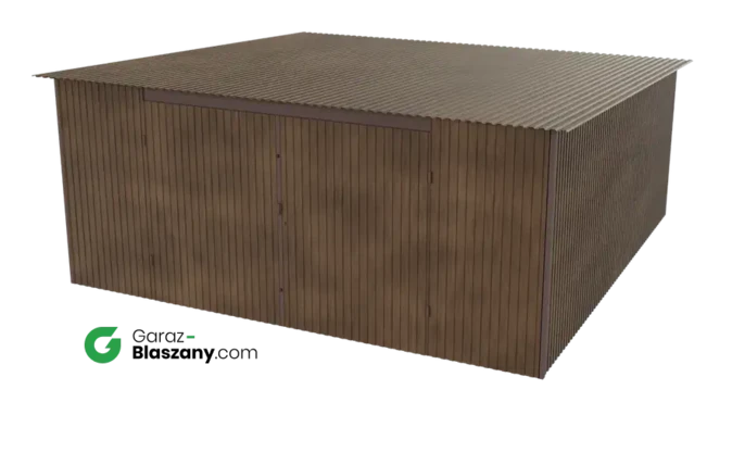 Garaż blaszany 5x5 drewnopodobny Orzech dach jednospadowy brama dwuskrzydłowa