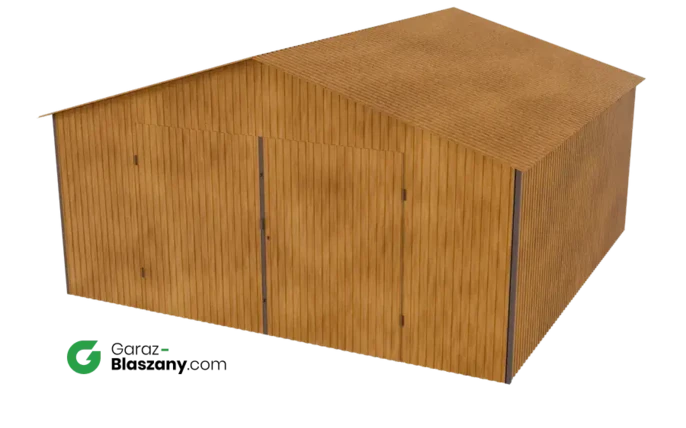 Garaż blaszany 5x5 drewnopodobny Złoty Dąb dach dwuspadowy brama dwuskrzydłowa
