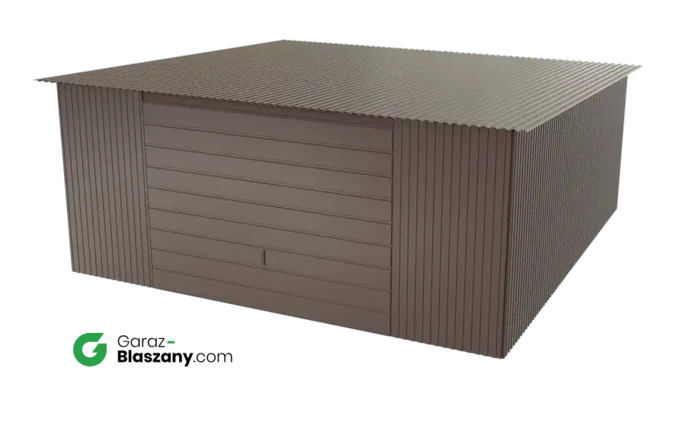 Garaż blaszany 5x5 brązowy BŁYSK dach jednospadowy brama uchylna