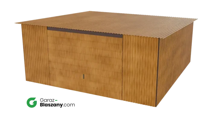 Garaż blaszany 5x5 drewnopodobny Złoty Dąb dach jednospadowy brama uchylna