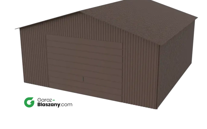 Garaż blaszany 5x5 brązowy MAT dach dwuspadowy brama uchylna