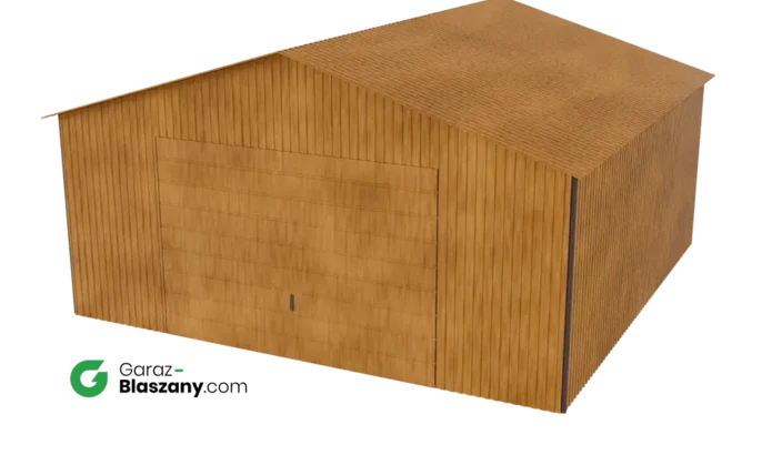 Garaż blaszany 5x5 drewnopodobny Złoty Dąb dach dwuspadowy brama uchylna