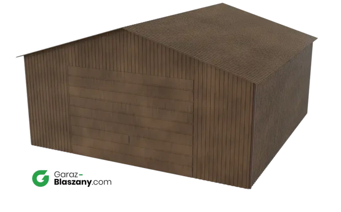 Garaż blaszany 5x5 drewnopodobny Orzech dach dwuspadowy brama uchylna