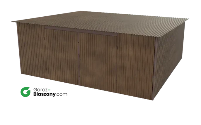Garaż blaszany 5,5x5 drewnopodobny Orzech dach jednospadowy brama dwuskrzydłowa