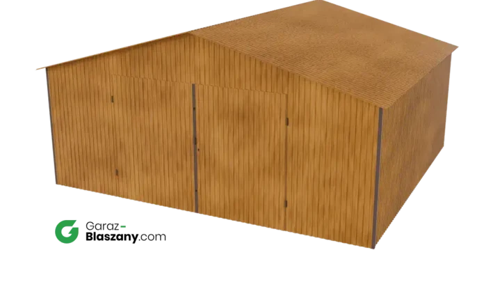 Garaż blaszany 5,5x5 drewnopodobny Złoty Dąb dach dwuspadowy brama dwuskrzydłowa