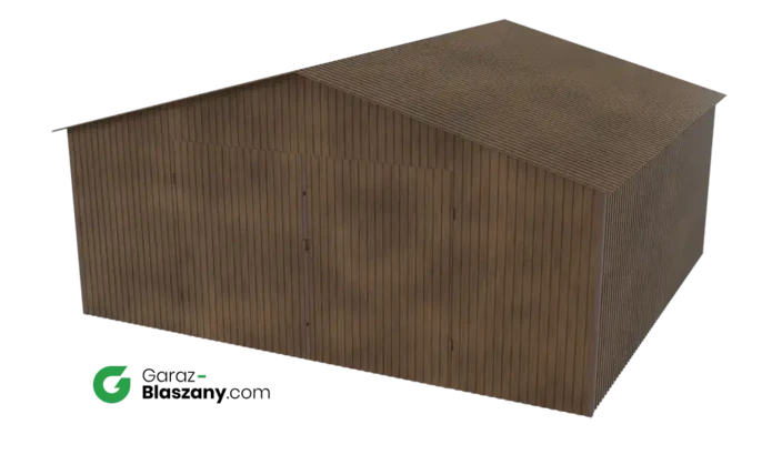 Garaż blaszany 5,5x5 drewnopodobny Orzech dach dwuspadowy brama dwuskrzydłowa