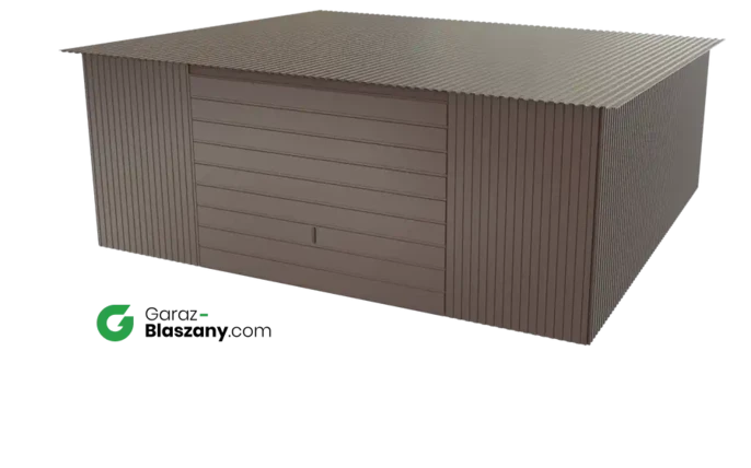 Garaż blaszany 5,5x5 brązowy BŁYSK dach jednospadowy brama uchylna