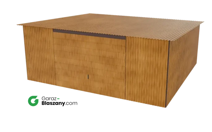 Garaż blaszany 5,5x5 drewnopodobny Złoty Dąb dach jednospadowy brama uchylna