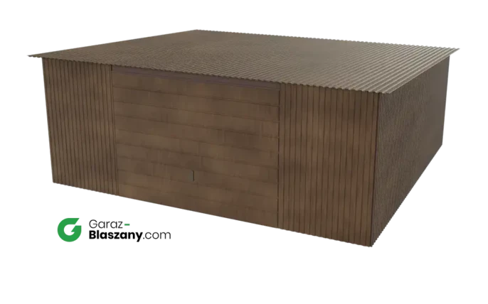 Garaż blaszany 5,5x5 drewnopodobny Orzech dach jednospadowy brama uchylna