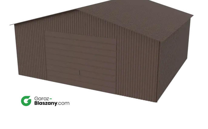 Garaż blaszany 5,5x5 brązowy MAT dach dwuspadowy brama uchylna
