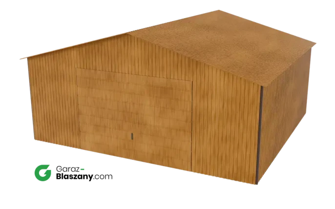 Garaż blaszany 5,5x5 drewnopodobny Złoty Dąb dach dwuspadowy brama uchylna