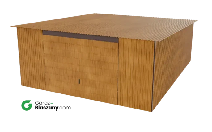 Garaż blaszany 5x6 drewnopodobny Złoty Dąb dach jednospadowy brama uchylna