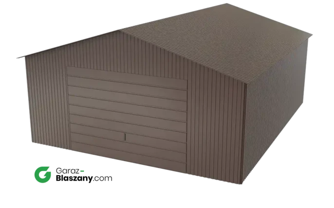 Garaż blaszany 5x6 brązowy BŁYSK dach dwuspadowy brama uchylna