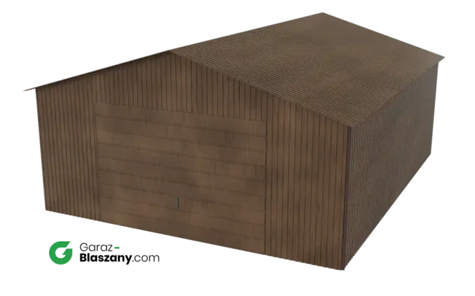 Garaż blaszany 5x6 drewnopodobny Orzech dach dwuspadowy brama uchylna