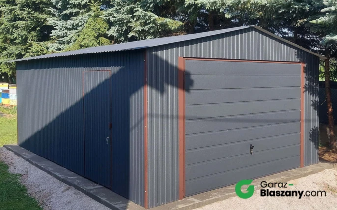 Garaż blaszany 4x6 Grafit, dach dwuspadowy, brama uchylna, drzwi