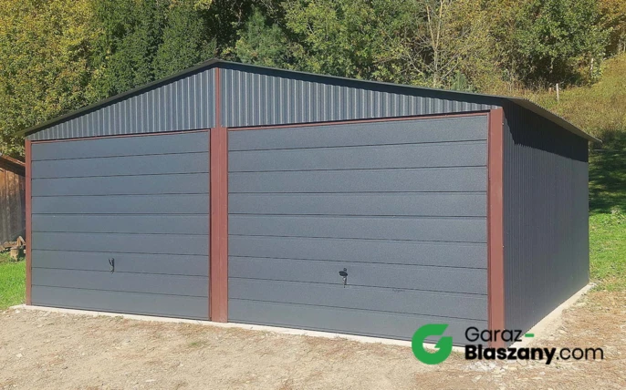 Garaż blaszany 6x5 grafit, dach dwuspadowy, bramy uchylne, okno, drzwi