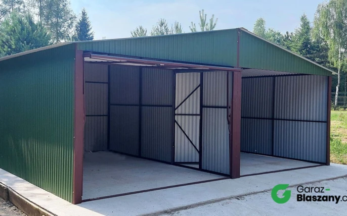 Garaż blaszany 6x5 zielony MAT, dach dwuspadowy, brama uchylna, wiata