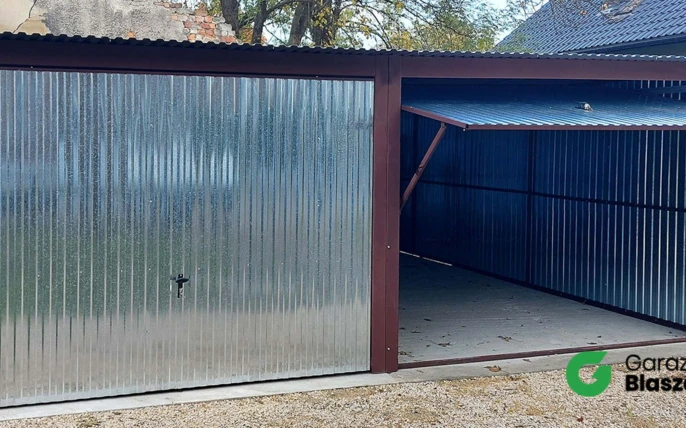 Garaż blaszany 6x6 ocynk, dach jednospadowy, brama uchylna