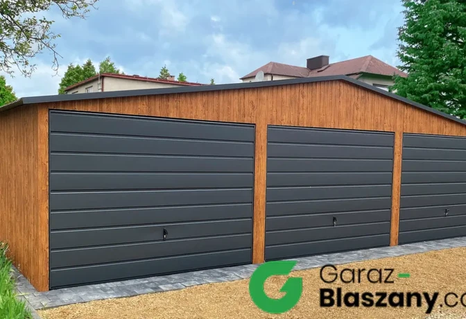 garaż blaszany 9x5 złoty dąb z bramami antracyt