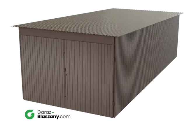 Garaż blaszany 3x7 brązowy dach jednospadowy brama dwuskrzydłowa