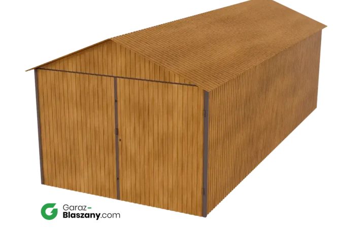 Garaż blaszany 3x7 blacha drewnopodobna Złoty Dąb dach dwuspadowy brama dwuskrzydłowa