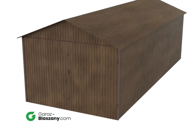 Garaż blaszany 3x7 blacha drewnopodobna Orzech dach dwuspadowy brama dwuskrzydłowa