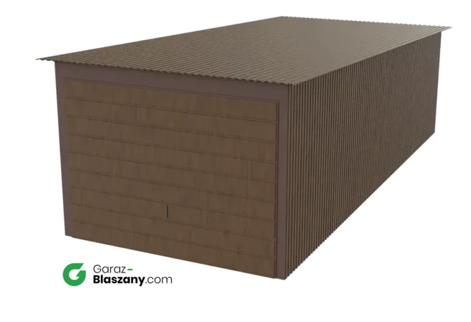 Garaż blaszany 3x7 drewnopodobny Orzech dach jednospadowy brama uchylna