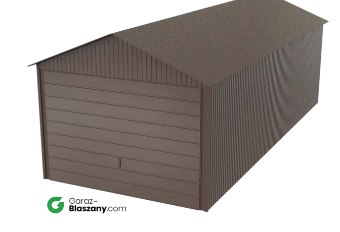 Garaż blaszany 3x7 brązowy błysk dach dwuspadowy brama uchylna