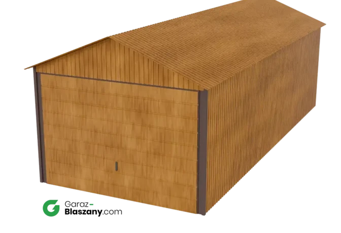 Garaż blaszany 3x7 drewnopodobny Złoty Dąb dach dwuspadowy brama uchylna