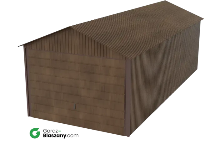 Garaż blaszany 3x7 drewnopodobny Orzech dach dwuspadowy brama uchylna