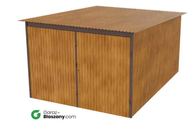 Garaż blaszany 3x4 drewnopodobny Złoty Dąb dach jednospadowy brama dwuskrzydłowa