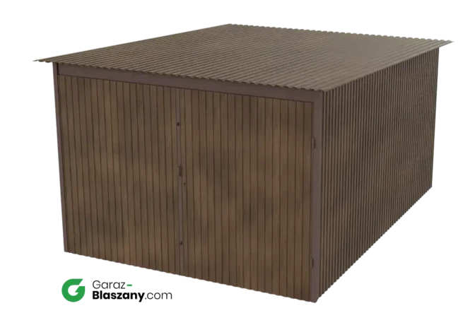 Garaż blaszany 3x4 drewnopodobny Orzech dach jednospadowy brama dwuskrzydłowa